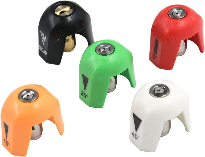 Chuuparts 5 قطع رؤوس رش ضغط الماء SPX3000-TPS متوافقة مع سلسلة Sun Joe SPX 3000 وغسالات الضغط العالمية، تحتوي على زوايا 0، 15، 25، 40 درجة، وصابون، خمسة رؤوس رش مختلفة. - Image 1